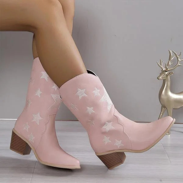 Women's Fashion Casual Star Chunky Heel Mid-calf Boots