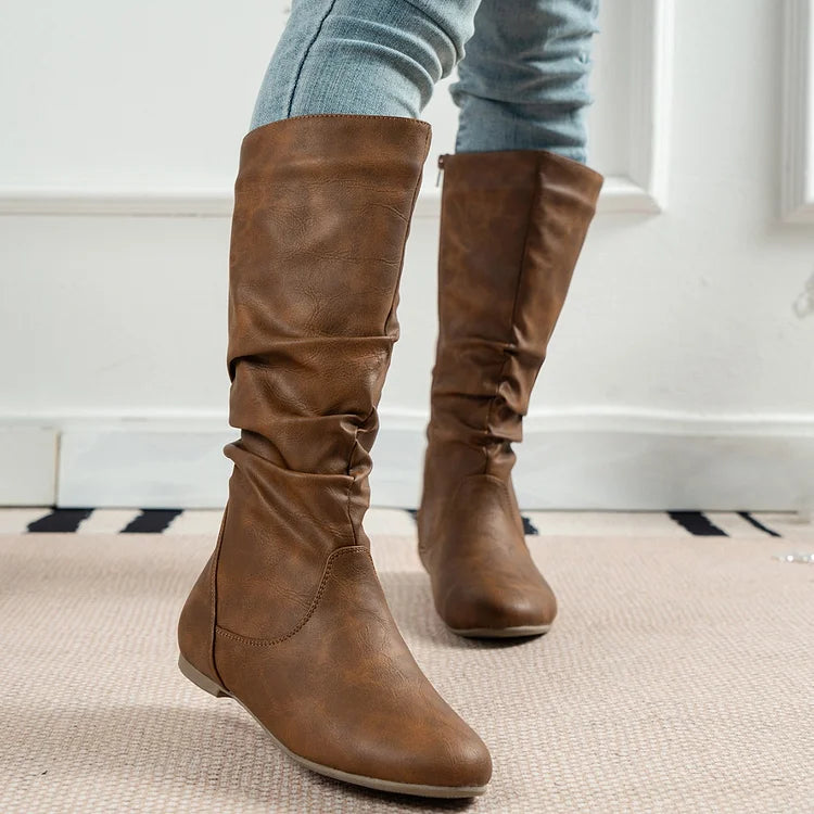 Womens Boots PU Pleated Flock Fuzzy Low-heeled Boots for Women Solid Color Elegant Mid-Calf Boots