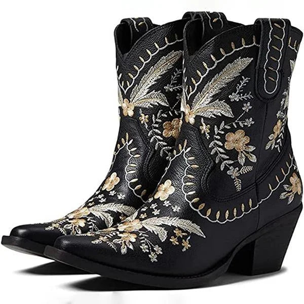 Women's Chunky High Heel Embroidered Ankle Boots
