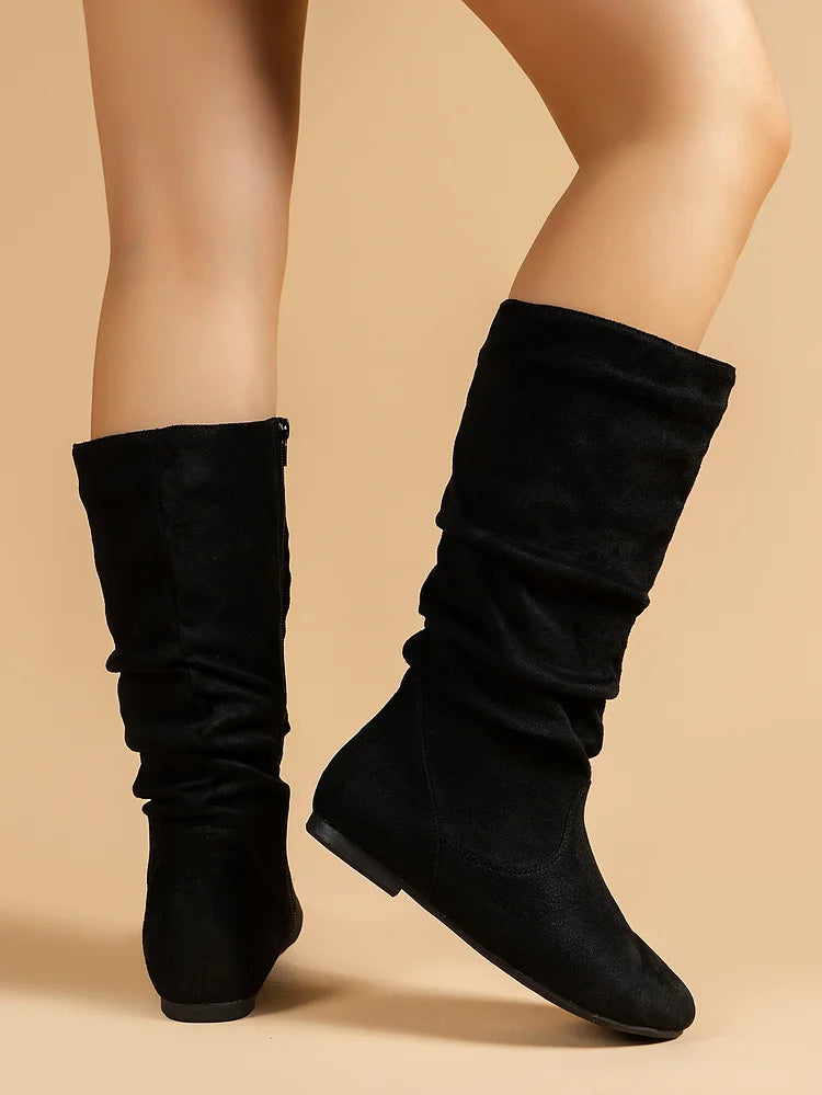 Womens Boots Suede Pleated Flock Fuzzy Low-heeled Boots for Women Solid Color Elegant Mid-Calf Boots