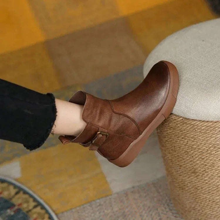 Retro Flat Ankle Short Plush Women Leather Boots