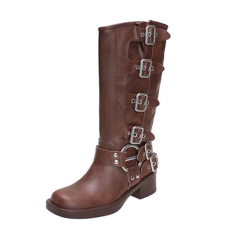 Women's Calf Buckle PU Round Toe Retro Western Gothic Boots