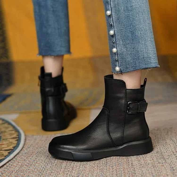 Retro Flat Ankle Short Plush Women Leather Boots