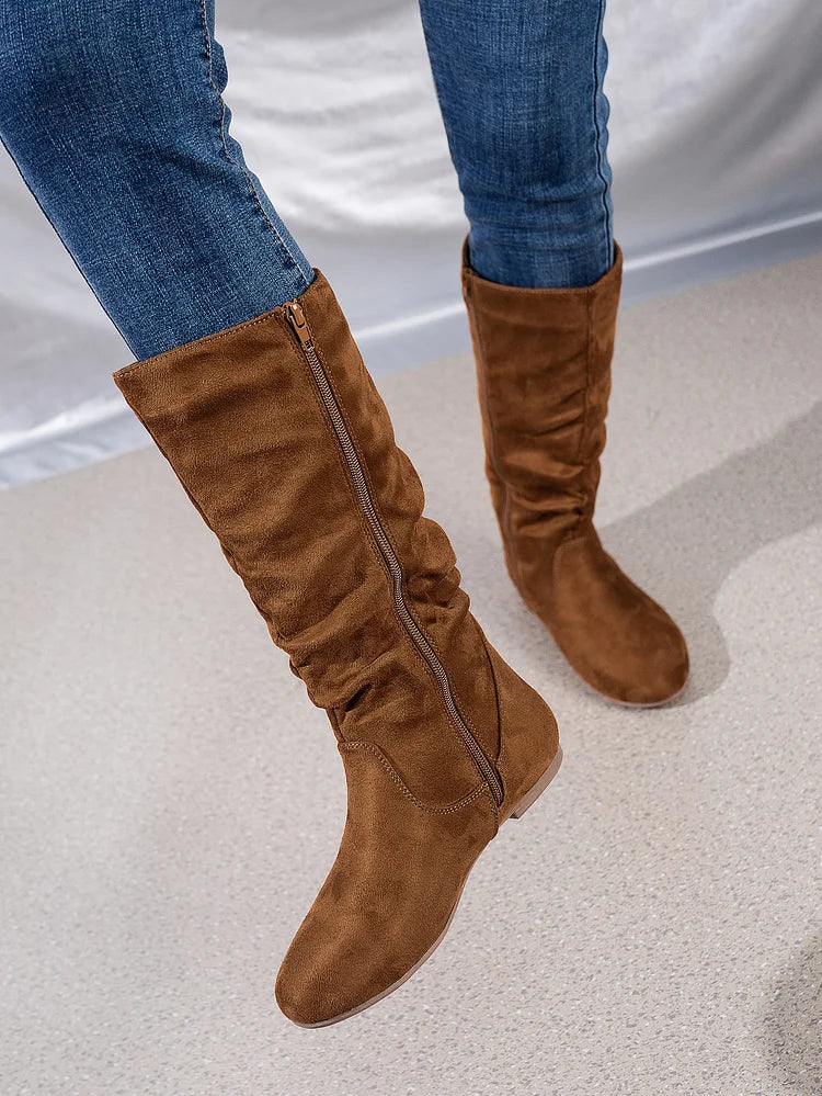 Womens Boots Suede Pleated Flock Fuzzy Low-heeled Boots for Women Solid Color Elegant Mid-Calf Boots