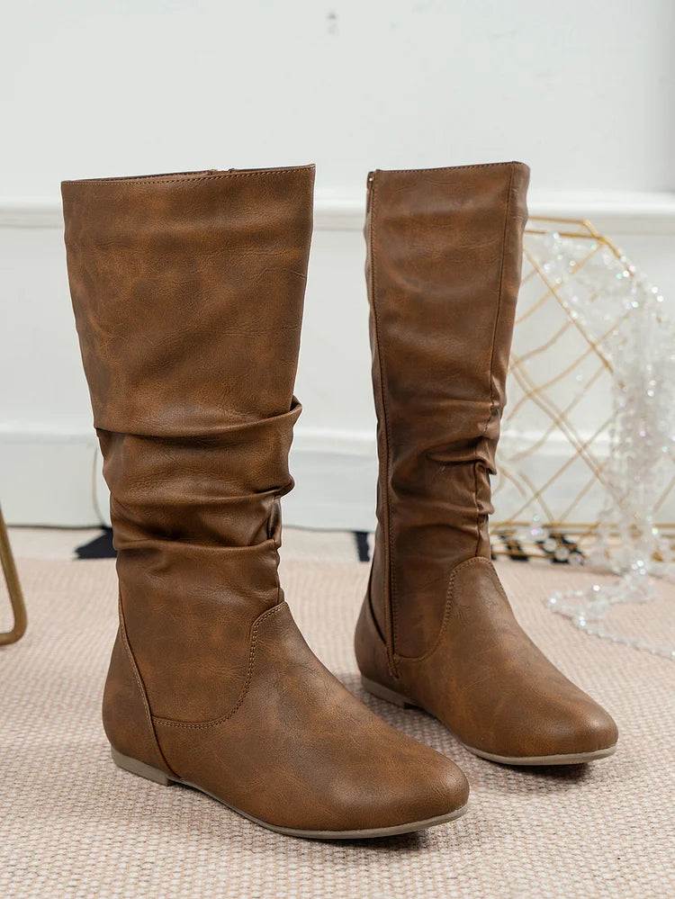 Womens Boots PU Pleated Flock Fuzzy Low-heeled Boots for Women Solid Color Elegant Mid-Calf Boots