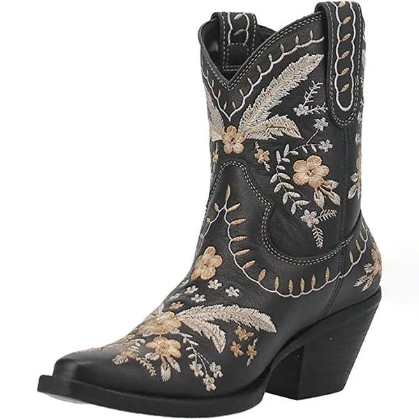Women's Chunky High Heel Embroidered Ankle Boots