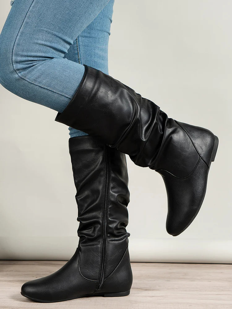 Womens Boots PU Pleated Flock Fuzzy Low-heeled Boots for Women Solid Color Elegant Mid-Calf Boots