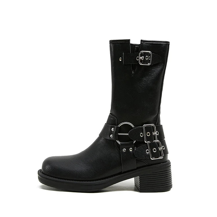 Women's Calf Buckle PU Round Toe Retro Western Gothic Boots