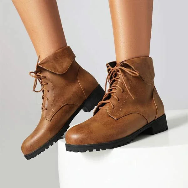 Women's Turn-Down Collar Crisscross Lace-Up Patchwork Martin Boots