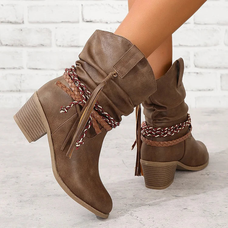 Women's Pleated Tassel High Heel Mid-calf Length Loose Socks Boots