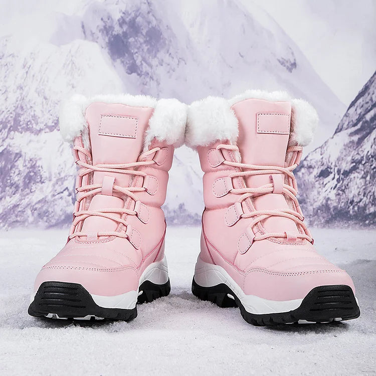 Women Winter Snow Boots - Fuzzy Lace-up Front