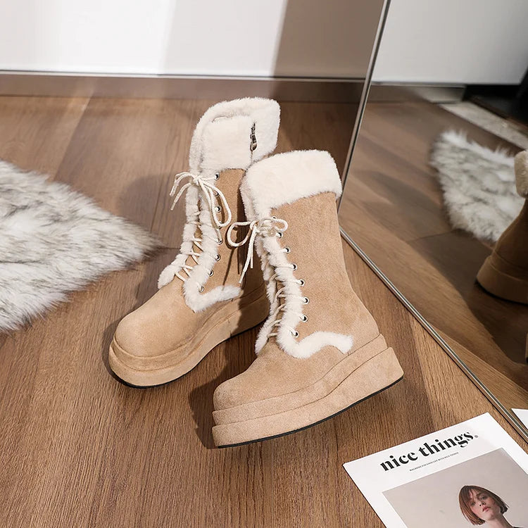 Women's Retro Thick-Soled Velvet Warm Mid-Calf Lace-Up Boots
