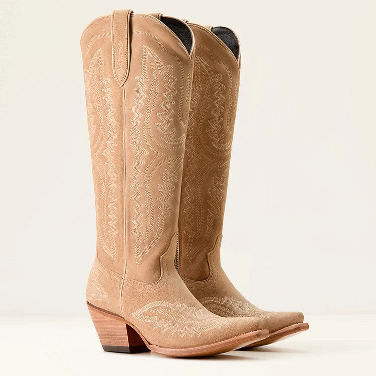 Embroidered Mid Calf Western Boots Block Low Heel Riding Boots