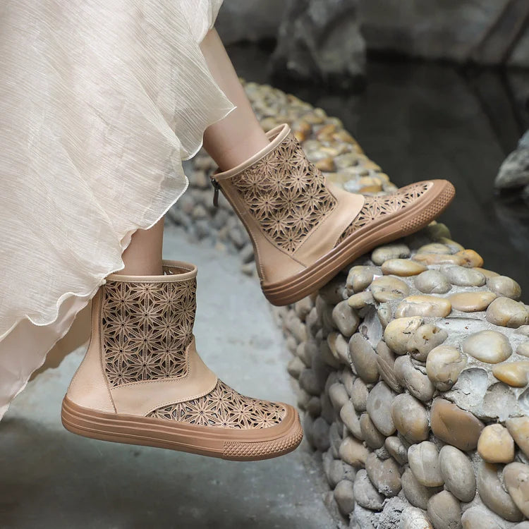 Handmade Genuine Leather Summer Boots Cut Out Breathable Zip Short Boots Beige/Coffee