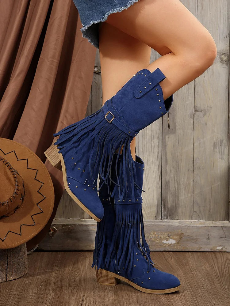 Mid Faux Suede Fringe Tassel Cowboy Boot Toe Cap