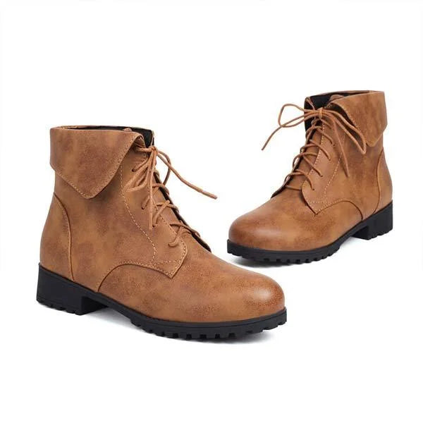 Women's Turn-Down Collar Crisscross Lace-Up Patchwork Martin Boots