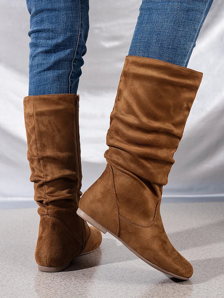 Womens Boots Suede Pleated Flock Fuzzy Low-heeled Boots for Women Solid Color Elegant Mid-Calf Boots
