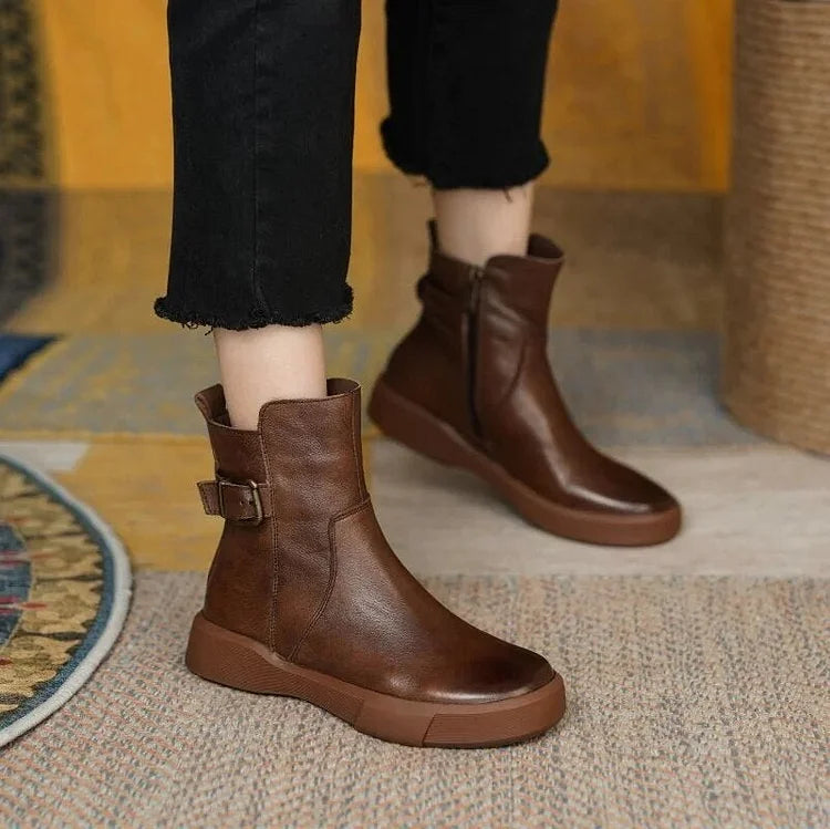 Retro Flat Ankle Short Plush Women Leather Boots