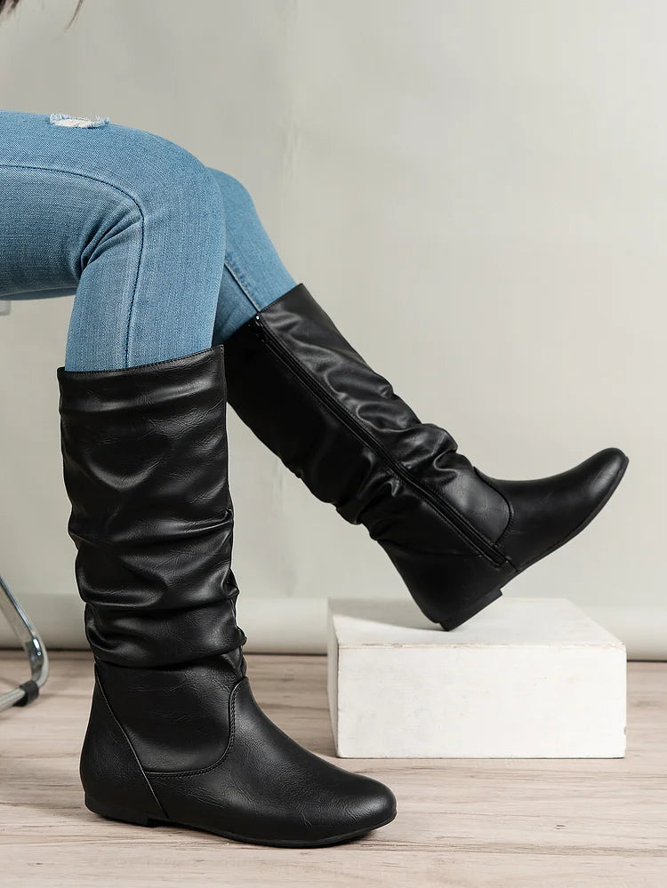 Womens Boots PU Pleated Flock Fuzzy Low-heeled Boots for Women Solid Color Elegant Mid-Calf Boots