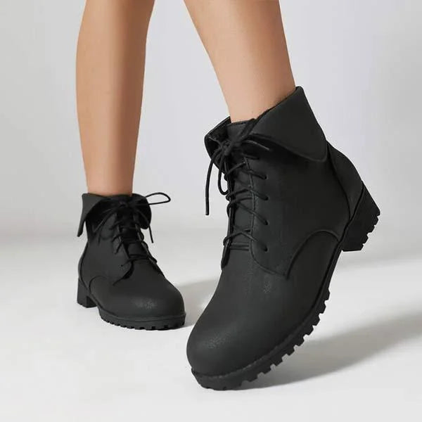 Women's Turn-Down Collar Crisscross Lace-Up Patchwork Martin Boots
