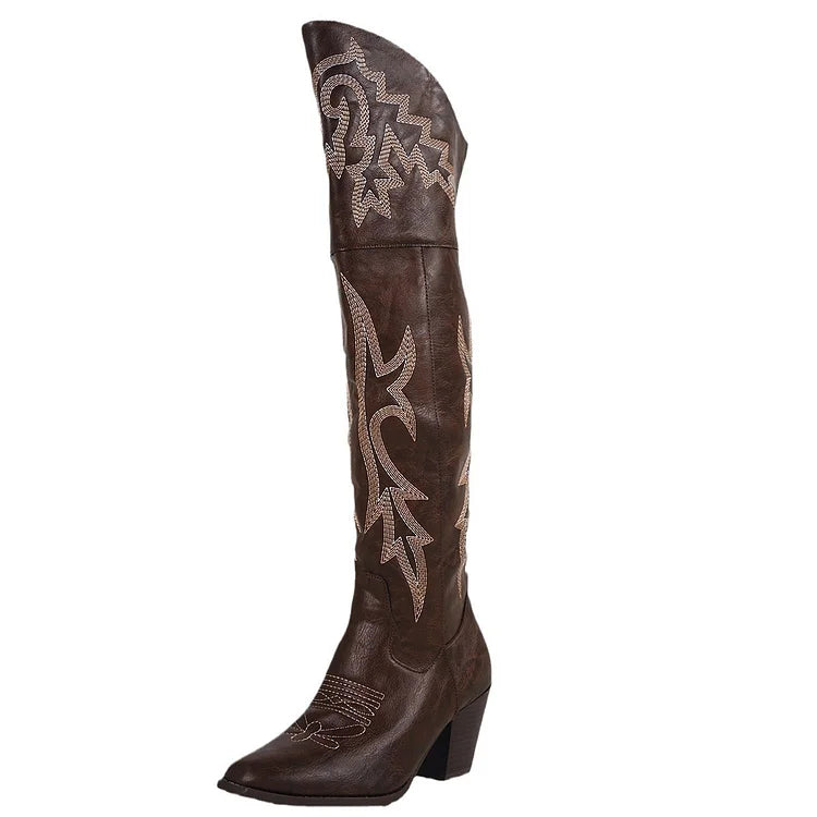 Retro Resort Embroidered Chunky Heel Cowboy Westem Fashion Boots For Women