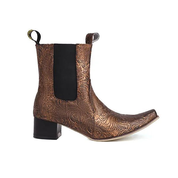 Women's Fashion Retro Flower Chunky Heel Martin Boots