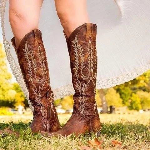 Knee High Western Cowboy Boots Pointed Toe Cowgirl Boots Vintage Country Boots