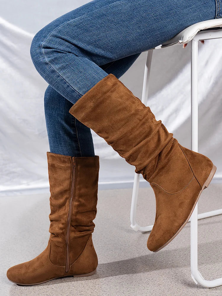 Womens Boots Suede Pleated Flock Fuzzy Low-heeled Boots for Women Solid Color Elegant Mid-Calf Boots