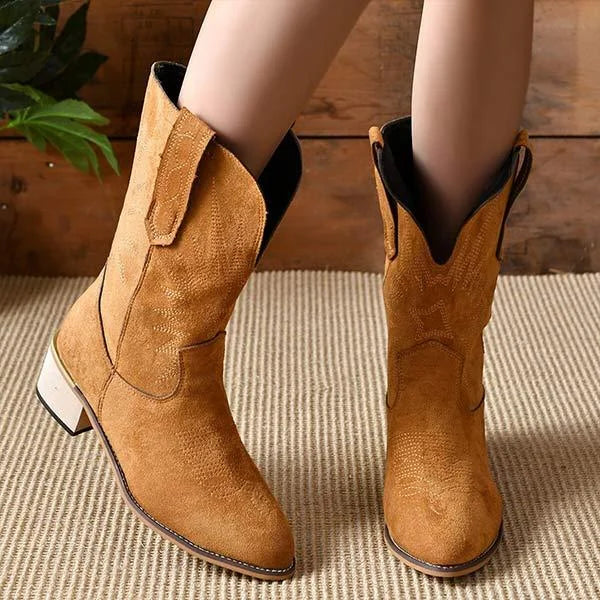 Women's Retro Square Heel Casual Mid Calf Boots
