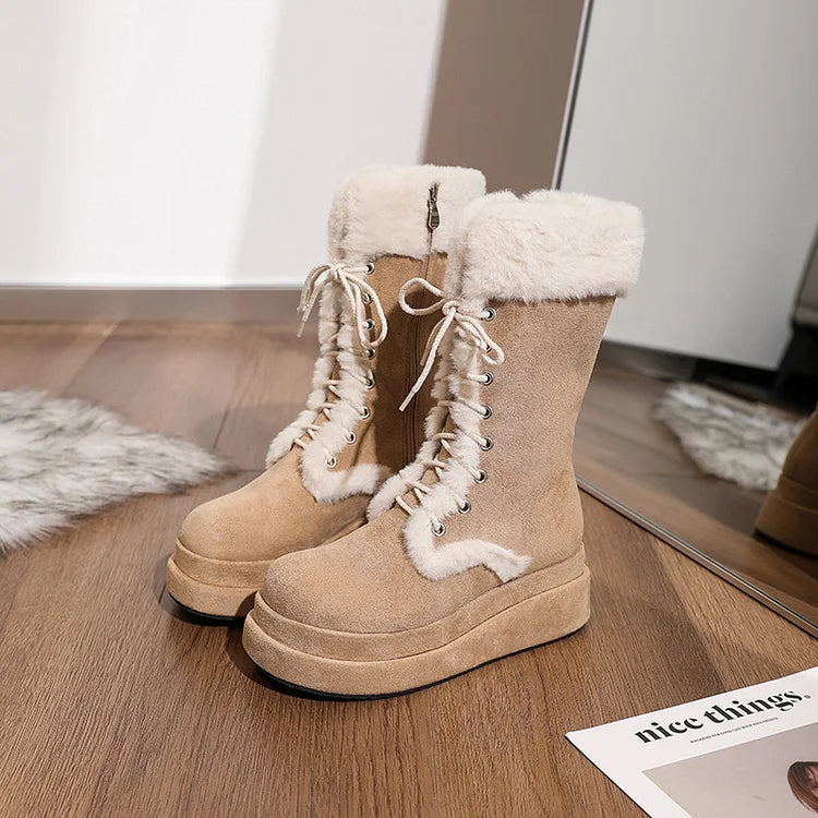 Women's Retro Thick-Soled Velvet Warm Mid-Calf Lace-Up Boots