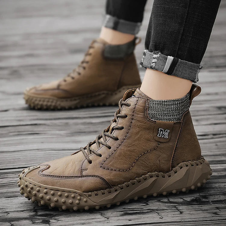 Men Ankle Boots Winter Warm Snow Boots Thick Plush Men Handmade Leather Boots Outdoor Waterproof Work Boots