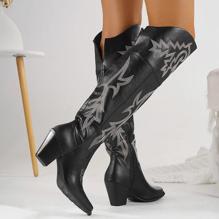 Retro Resort Embroidered Chunky Heel Cowboy Westem Fashion Boots For Women