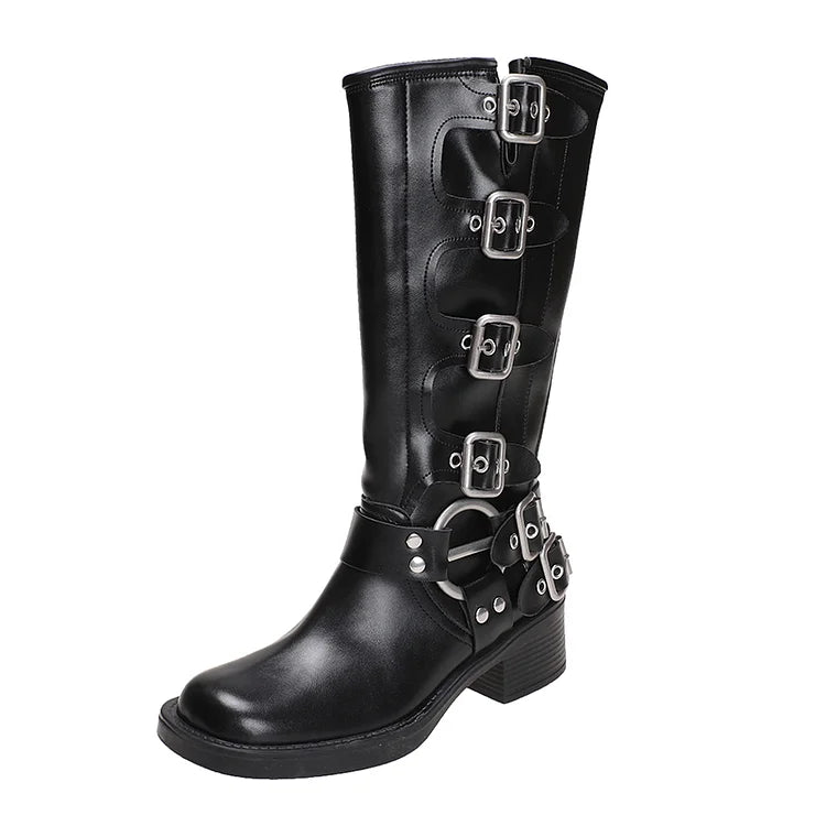 Women's Calf Buckle PU Round Toe Retro Western Gothic Boots