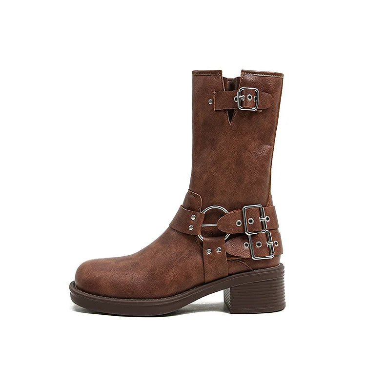 Women's Calf Buckle PU Round Toe Retro Western Gothic Boots