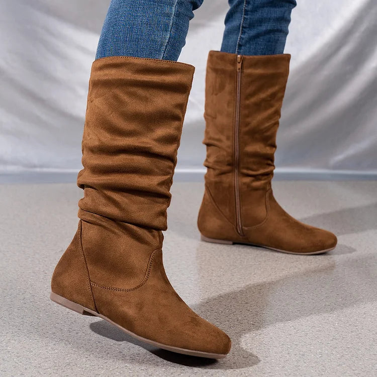 Womens Boots Suede Pleated Flock Fuzzy Low-heeled Boots for Women Solid Color Elegant Mid-Calf Boots