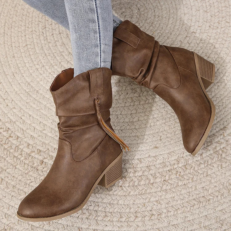 Women's Pleated Tassel High Heel Mid-calf Length Loose Socks Boots