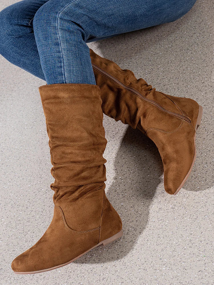 Womens Boots Suede Pleated Flock Fuzzy Low-heeled Boots for Women Solid Color Elegant Mid-Calf Boots
