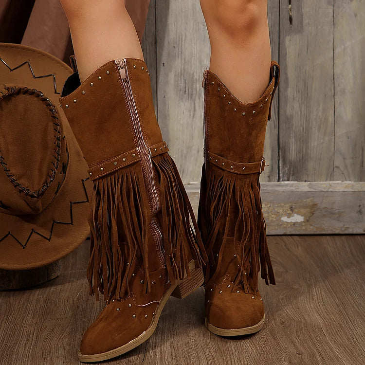 Mid Faux Suede Fringe Tassel Cowboy Boot Toe Cap