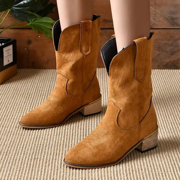 Women's Retro Square Heel Casual Mid Calf Boots