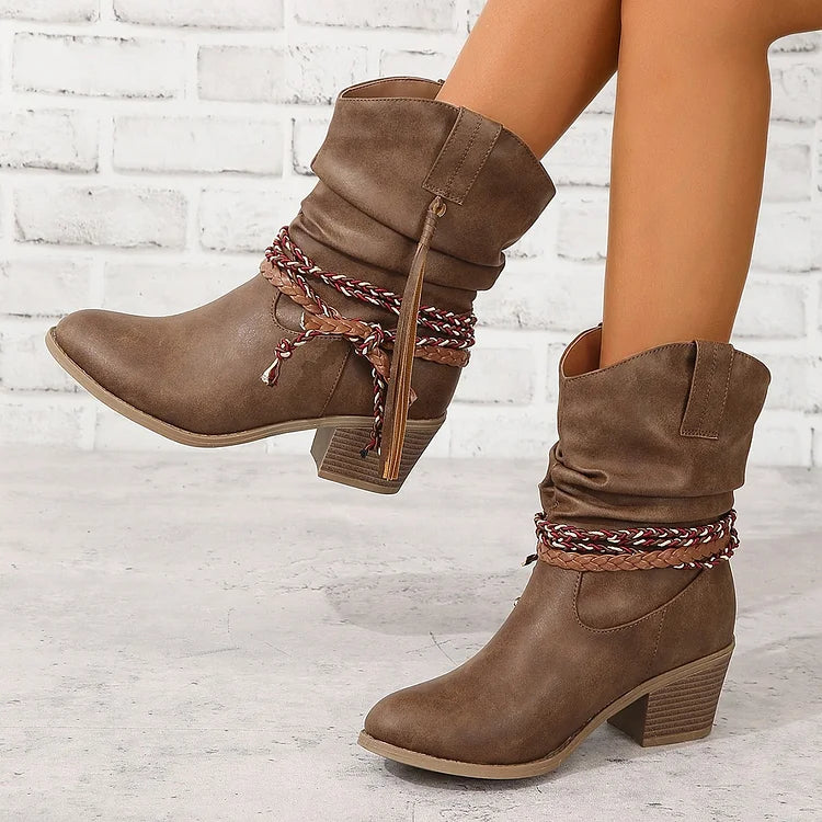 Women's Pleated Tassel High Heel Mid-calf Length Loose Socks Boots