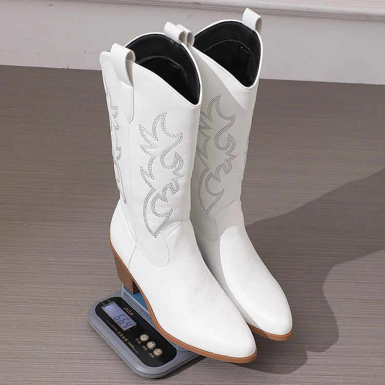Cowboy Heel Boots with Leaf Embroidery