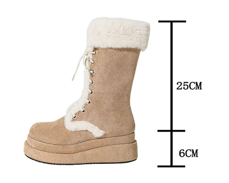 Women's Retro Thick-Soled Velvet Warm Mid-Calf Lace-Up Boots
