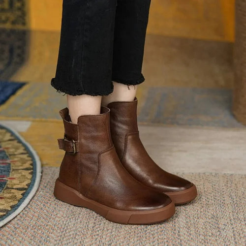 Retro Flat Ankle Short Plush Women Leather Boots