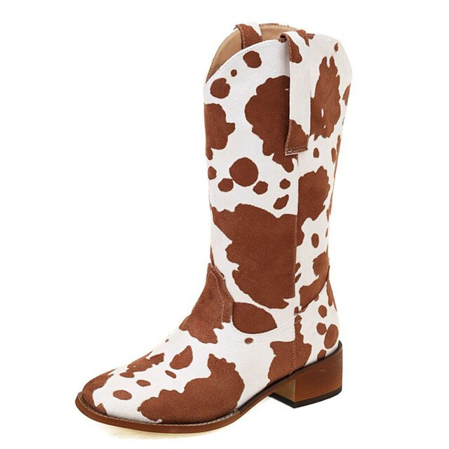 Women's Cow Print Western Block Heel Cowboy Boots