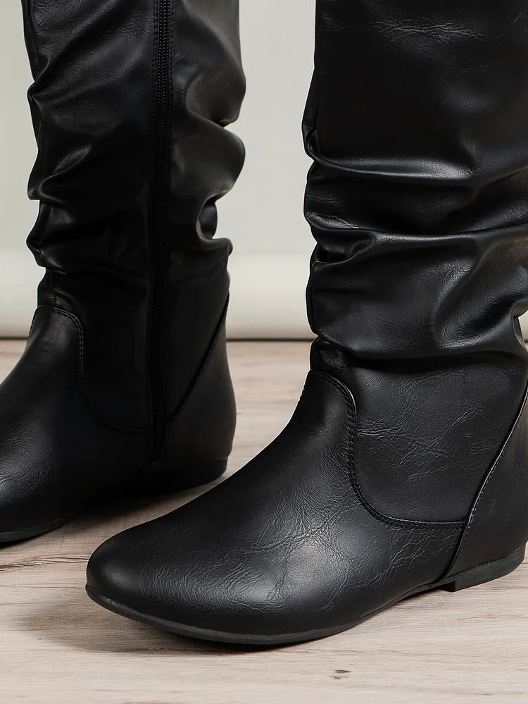 Womens Boots PU Pleated Flock Fuzzy Low-heeled Boots for Women Solid Color Elegant Mid-Calf Boots