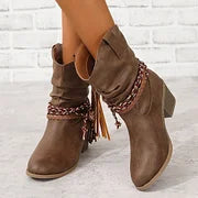 Women's Pleated Tassel High Heel Mid-calf Length Loose Socks Boots