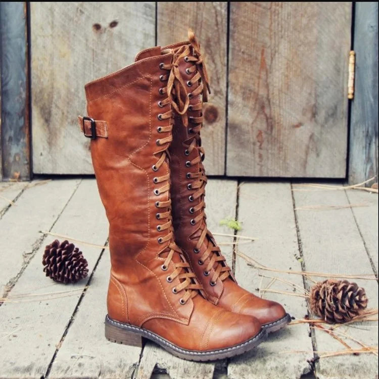 Women's Lace Up Low Heel Rider High Boots