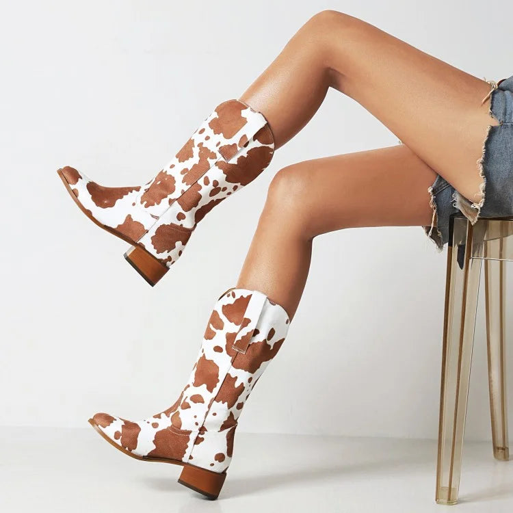 Women's Cow Print Western Block Heel Cowboy Boots