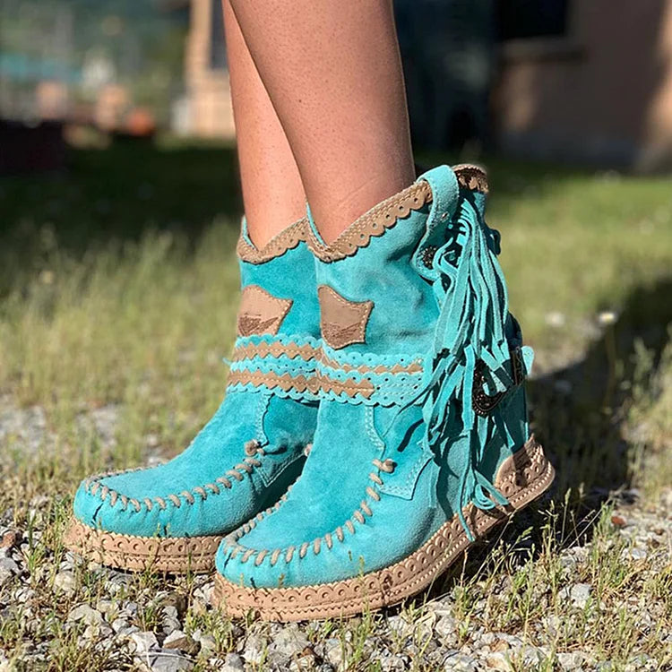 Women's Retro Leather Round-toe Flat Heel Tassel Boots