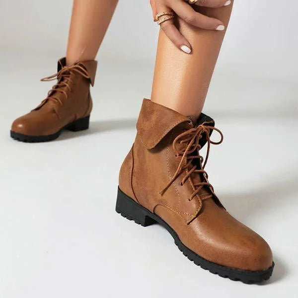 Women's Turn-Down Collar Crisscross Lace-Up Patchwork Martin Boots
